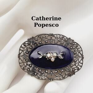Vintage Catherine Popesco Art Deco Black Enamel AB Rhinestones Brooch